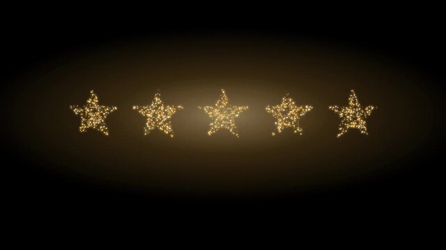 Thousands of glowing golden dust particles magically swarm and assemble into the shape of a perfect 5-star rating in a dark void.