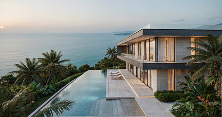 Fototapeta premium Modern luxury villa with infinity pool overlooking the ocean at sunset