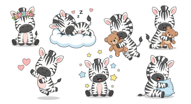 Cute Cartoon Zebra Set with Playful Poses and Sweet Expressions