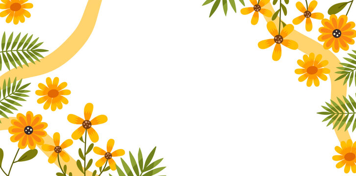 yellow sunflowers blooming with green leaves corner border