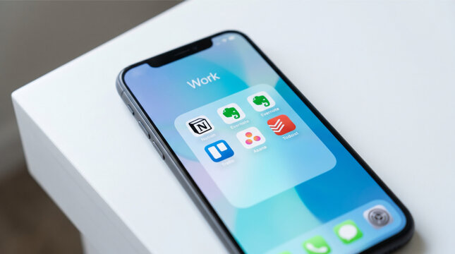 Smartphone screen displaying a work folder with popular productivity apps including Notion, Evernote, Todoist, Asana, and Trello icons on a modern mobile device for efficient task management tools