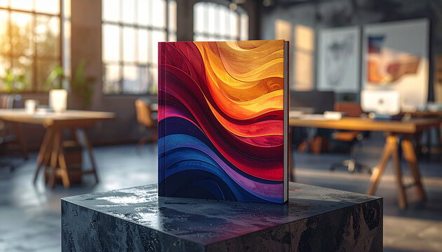 Hardcover book abstract cover colorful dynamic asymmetrical isometric modern artistic standing creative vibrant displayed on pedestal in bright office interior