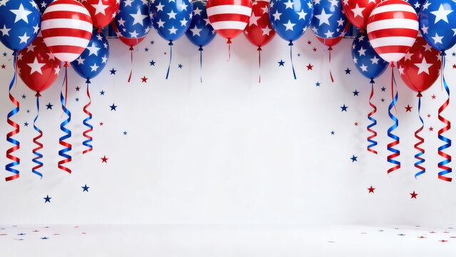 patriotic balloons with stars and streamers on white background