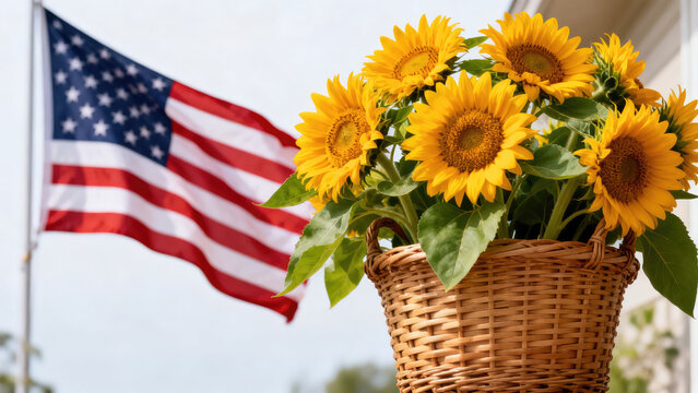 Celebrating flag day usa with patriotic sunflowers and american flag