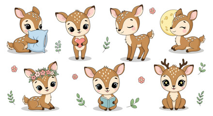 Fototapeta premium Cute baby deer set with various activities, whimsical forest animals