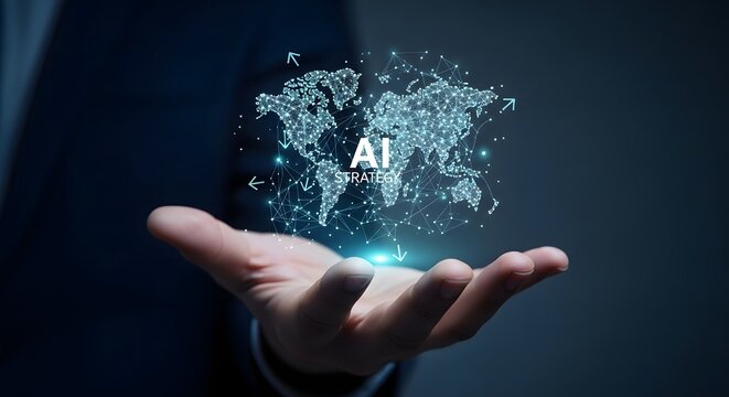 Artificial Intelligence global network concept, businessman holding glowing digital world map with AI text, futuristic technology and big data connectivity