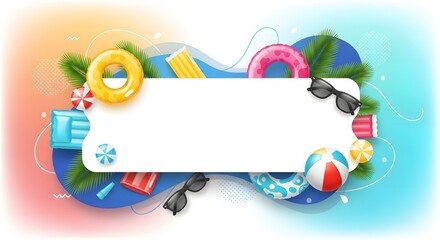 Fototapeta premium Summer vacation and beach holiday background. Tropical getaway and relaxing seaside fun. Inflatable rings and pool toys surrounding a blank white frame