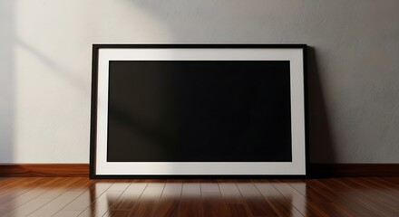 Fototapeta premium Empty black rectangular frame mockup leaning against a white wall on a polished dark brown wooden floor with soft natural window lighting