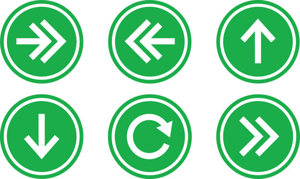 Green circular direction arrow icon set featuring next back up down refresh and forward web signs isolated on white background