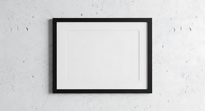 Empty horizontal black frame mockup on a textured light gray concrete wall with a white mat board inside the frame for display