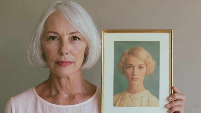 Elderly woman with gray hair holding a framed vintage photograph of a young woman, showcasing a soft expression and light-colored clothing against a neutral background