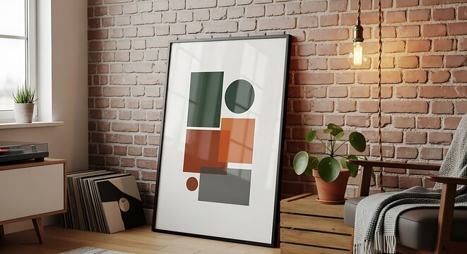 Empty vertical black frame mockup on a brick wall in a room with a wooden armchair, a plant, a vinyl record player and a stack of records