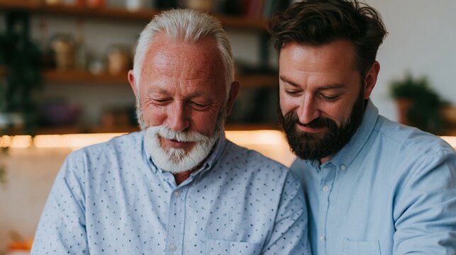 Elderly man with white beard and adult son with dark hair cooking together in a modern kitchen, surrounded by various cooking utensils and ingredients on the countertop