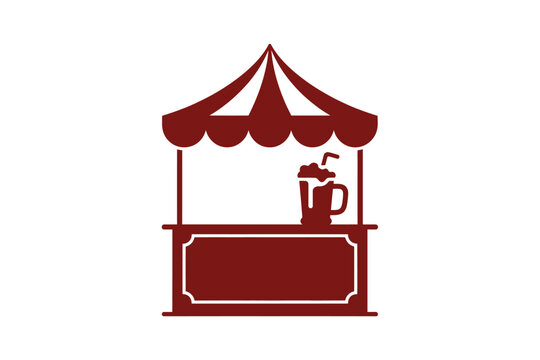 Minimalist Dark Red Vector Icon Illustrating A Classic Outdoor Carnival Kiosk Stall Featuring A Refreshing Beverage Glass With A Straw Set Against A Solid White Background For Commercial Use Graphic