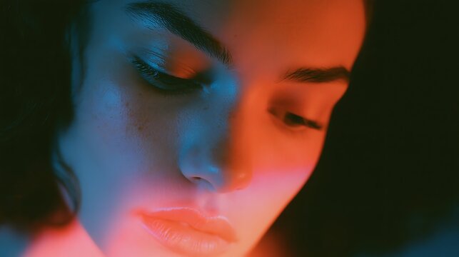 Close-up portrait of a young woman with dark curly hair illuminated by soft blue and red lighting, showcasing her facial features and skin texture