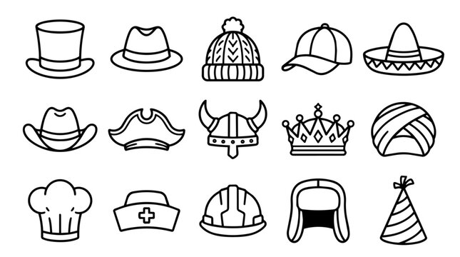 Various hats and headwear outline collection