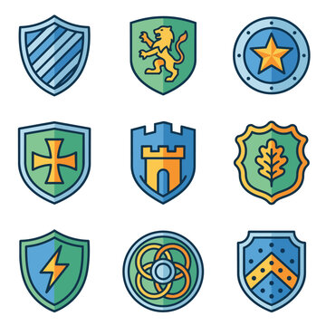 Collection of nine diverse heraldic shields with various symbols and designs.