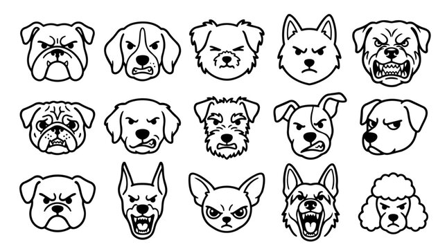 Fifteen angry dog head icons set