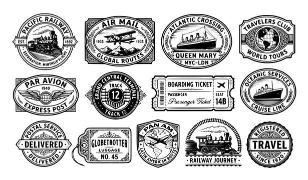 Vintage travel stamp vector set with airplanes trains boats and postal emblems