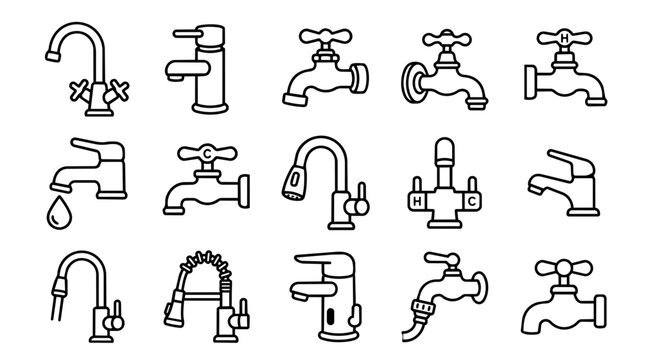 Collection of black outline water faucets and taps
