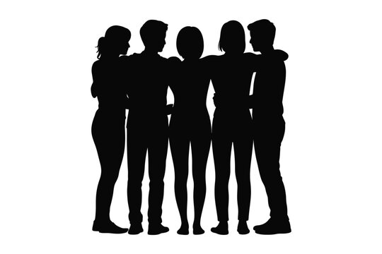 Black silhouette vector illustration of a diverse group of five friends standing close together in a circle with arms around shoulders showing unity teamwork connection friendship and social solidarit