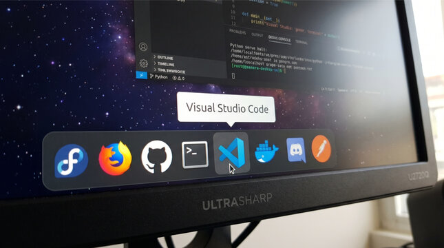 Visual Studio Code application icon highlighted by a mouse cursor on a Dell UltraSharp monitor dock with Fedora, Firefox, GitHub, and Docker icons, showcasing a professional coding workspace.