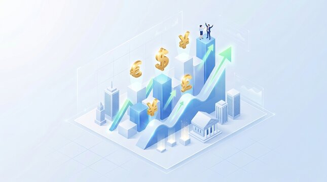 주식 상승, 금융, 투자, 재테크, 글로벌 경제, 환율, 달러, 유로, 엔화, 파운드, 경제 성장, 비즈니스 성공, 아이소메트릭, 일러스트, 데이터 시각화, 막대 그래프, 화살표, 트레이딩, 자산 관리, 은행, 시장 트렌드, 성취, 수익, 이익, 경기 회복, 인포그래픽, 3D 일러스트, 파란색 배경, 기업, 전략