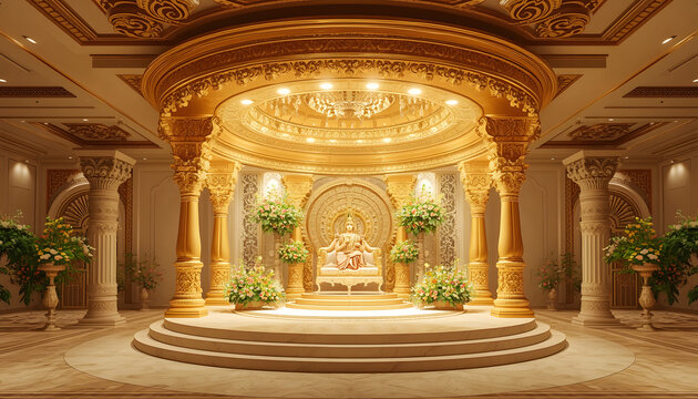 Ornate Golden Wedding Mandap with Elaborate Decor and Floral Accents