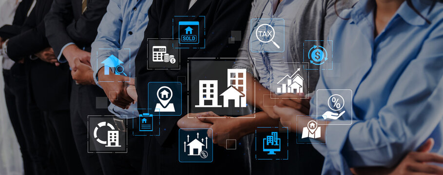 Group of Business Professionals Engaged in Real Estate Discussion with Digital Icons Representing Property Transactions, Finances, and Market Trends. Entropy.