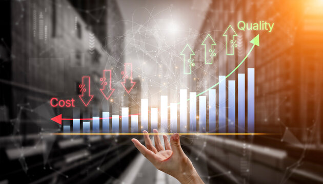 Hand Reaching Towards a Digital Financial Graph Showing Relationship Between Cost and Quality with Colorful Arrows Indicating Trends in an Urban Environment. Bitwise.