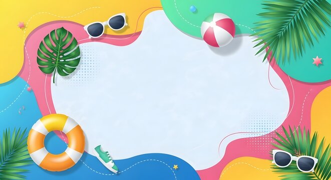 Summer beach vacation background. Creative travel and holiday design. A frame of palm leaves, beach ball, sunglasses, and sandals on a colorful wavy background