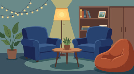 Office Relaxation Room with Cozy Seating and Dim Lighting © Bima