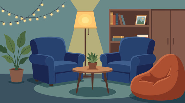 Office Relaxation Room with Cozy Seating and Dim Lighting