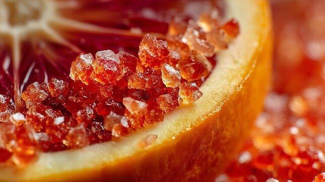 A close-up view of a blood orange slice with sugar crystals on it