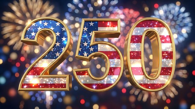 Golden numbers 250 decorated with american flag pattern and glowing fireworks in background celebrating america's 250th anniversary or jubilee event.