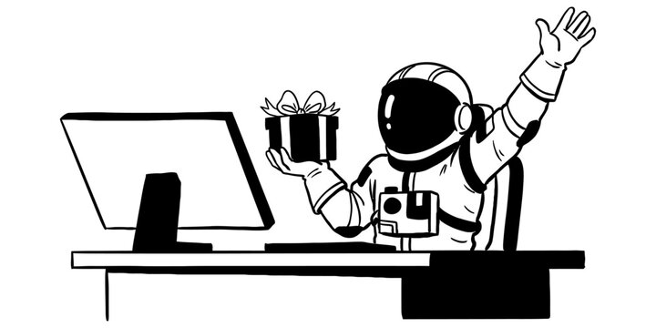 Cartoon astronaut sitting at a desk with a computer holding a gift box and waving hand as a happy celebration drawing Vector, illustration