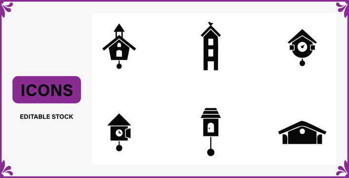Collection of black silhouette icons representing cuckoo clocks and birdhouses on a clean white background