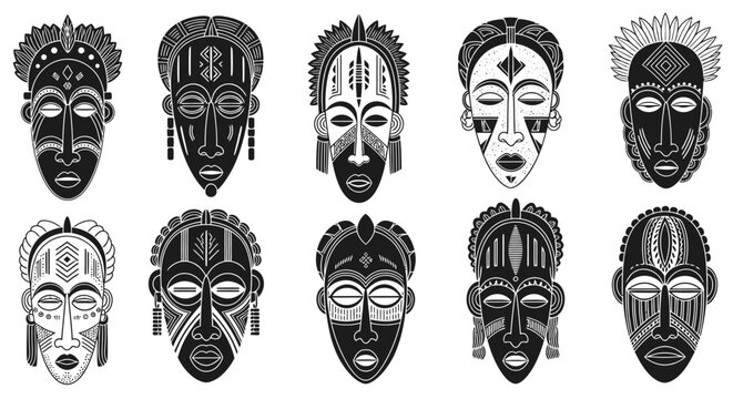 African Tribal Masks Collection - Black and White Vector Art