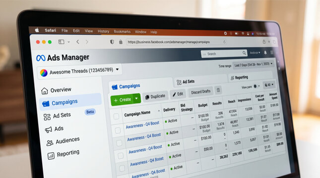 Meta Ads Manager dashboard on laptop screen showing campaign performance metrics, budget allocation, reach, and impressions for professional digital marketing and social media advertising strategy.