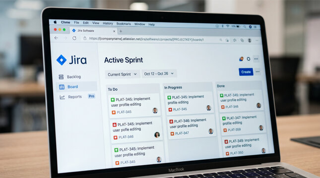 Jira Software project management platform displayed on a modern laptop screen, showing an active sprint board with task cards for agile development, team productivity, and workflow organization.