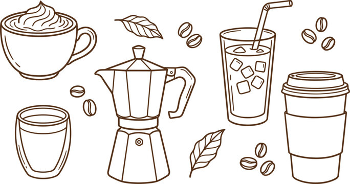 Brown line art coffee set featuring moka pot espresso cup iced latte takeaway paper cup and beans vector illustration