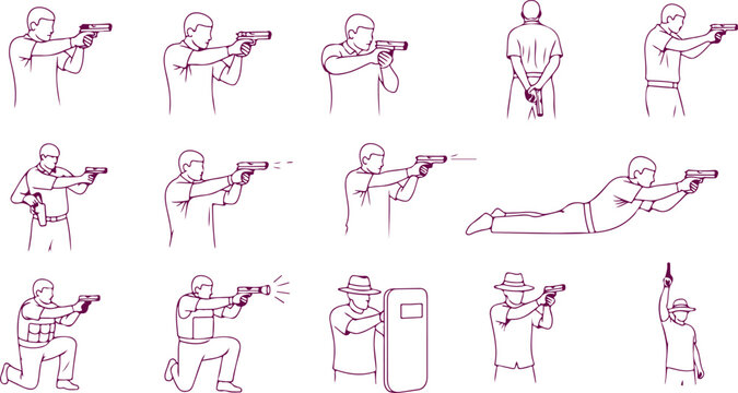 Silhouette man shooting pistol various action poses with motion blur effect illustration.