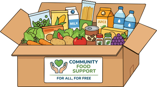 Community Food Support Donation Box Full of Groceries