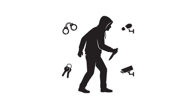 Hooded figure with knife and security elements black silhouette
