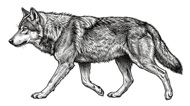 Hand Drawn Wolf Ink Sketch in Vintage Wildlife Engraved Style