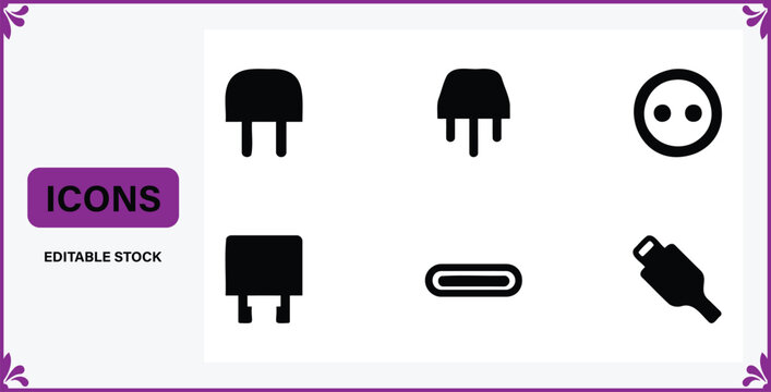 Collection of simple flat black icons representing electrical plugs sockets and USBC connector isolated on white background