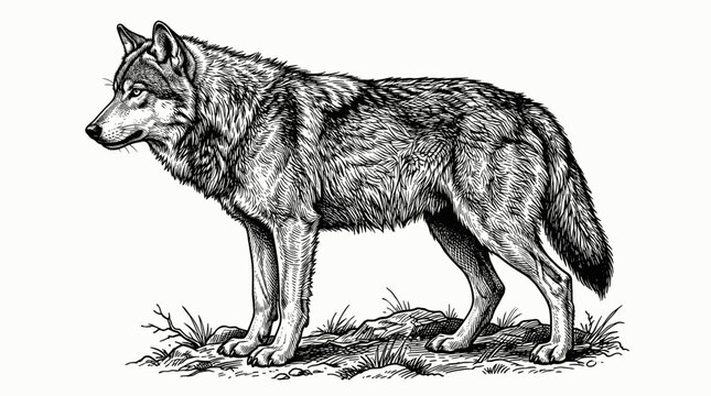 Hand Drawn Wolf Ink Sketch in Vintage Wildlife Engraved Style