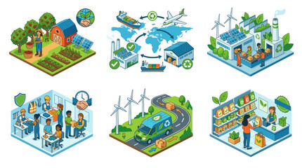 Fototapeta premium Ethical Supply Chain and Sustainable Business Isometric Vector Icon Set