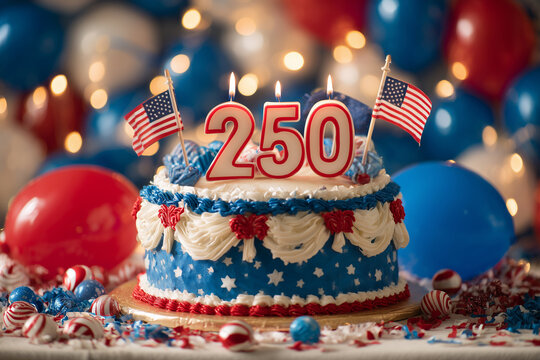 Patriotic birthday cake with US flag and candles, 250th USA anniversary national holiday celebration