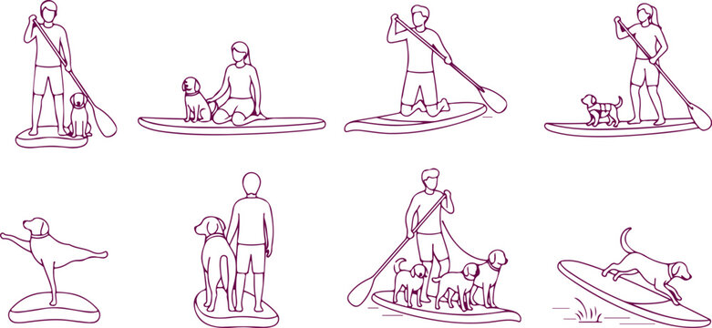 Silhouette people with dogs paddle boarding on water with paddles and boards vector.